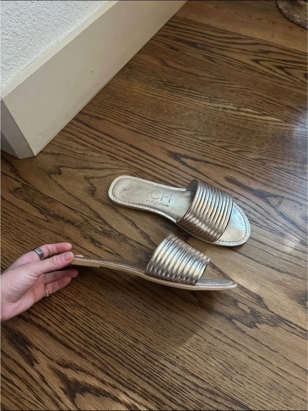 Gold Ribbed Slide Sandals - by Matisse